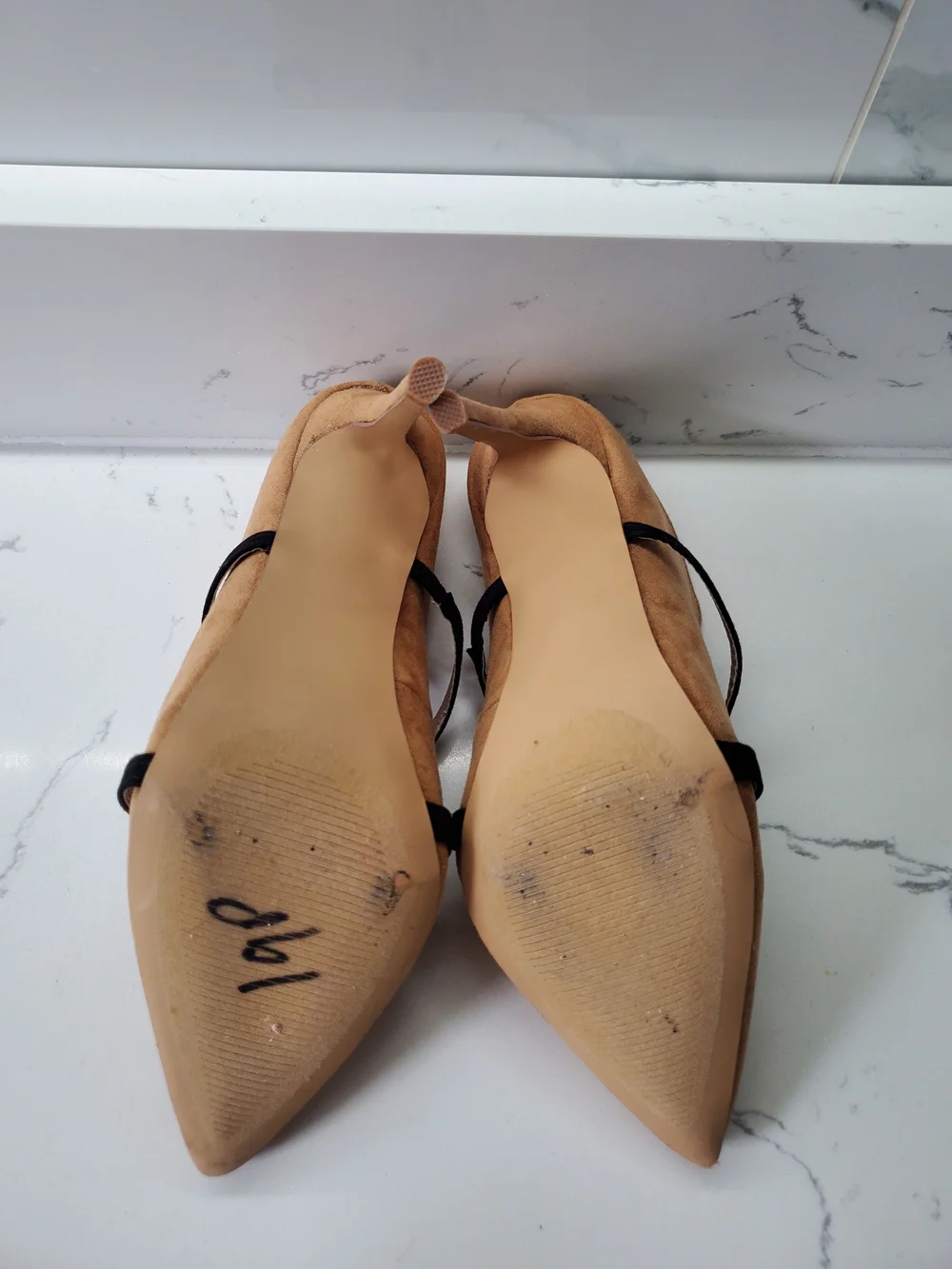 Lulus Suede Pointed Toe High Heels with Black Strap - Tan US7